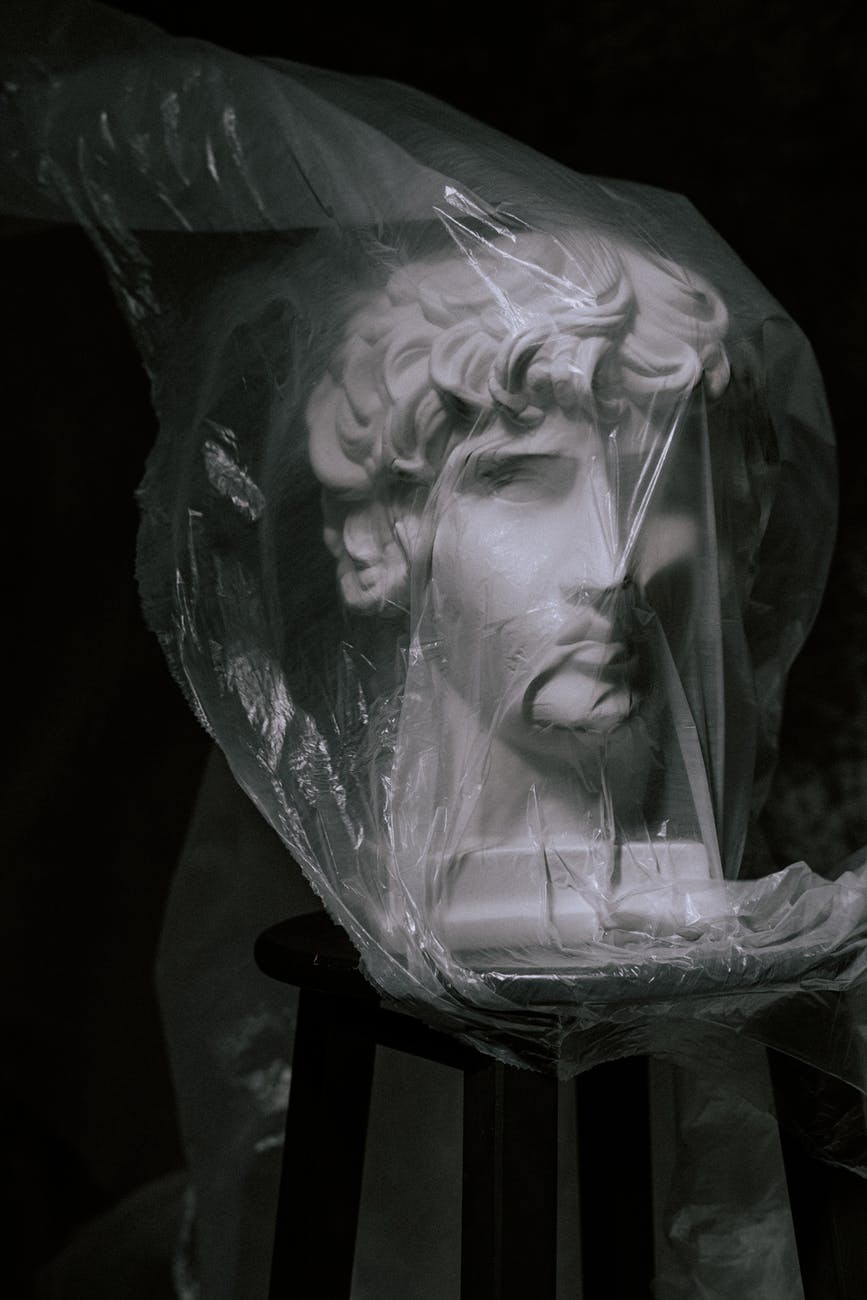 photo of gypsum head covered with plastic